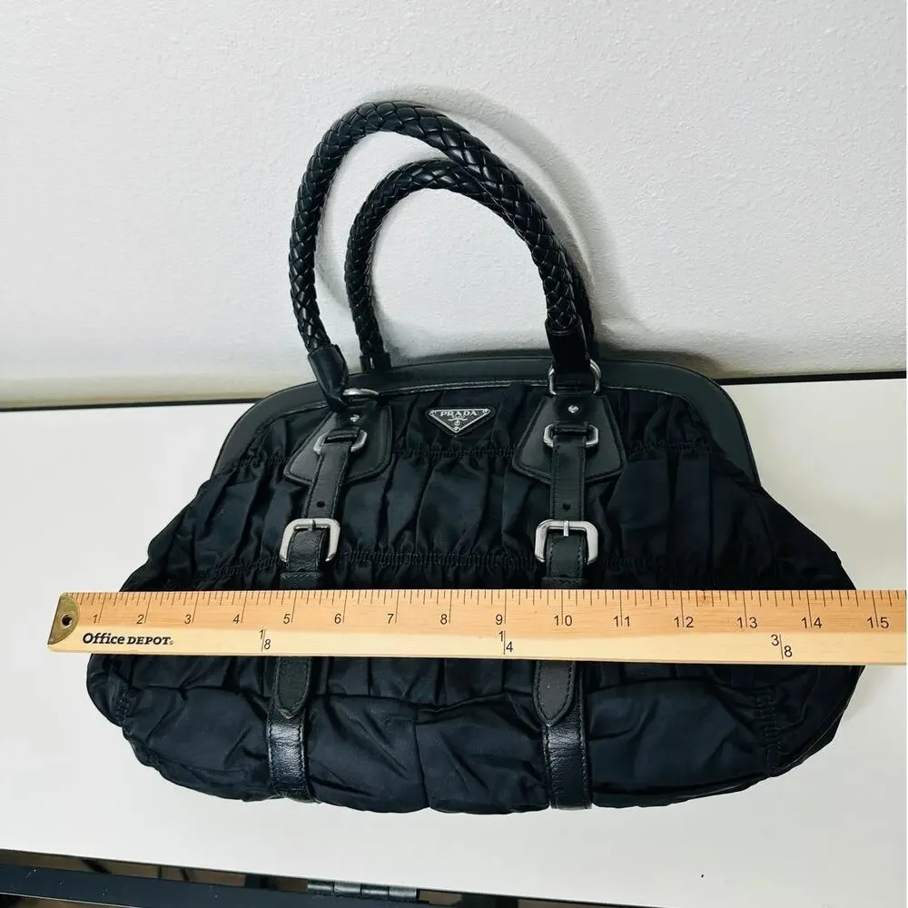 Prada Vintage 90s Black Nylon & Leather Buckle Braided Handle Purse - Picture 14 of 16